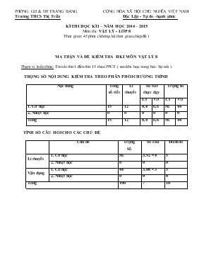 Kì thi học kì I  Năm học 2014  2015 môn thi Vật lý - Lớp 8 thời gian 45 phút ( không kể thời gian chép đề )
